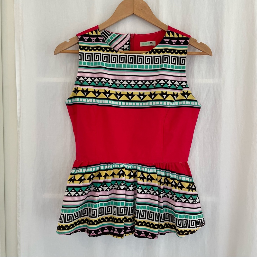 Red & Multicolor Geometric Peplum Top